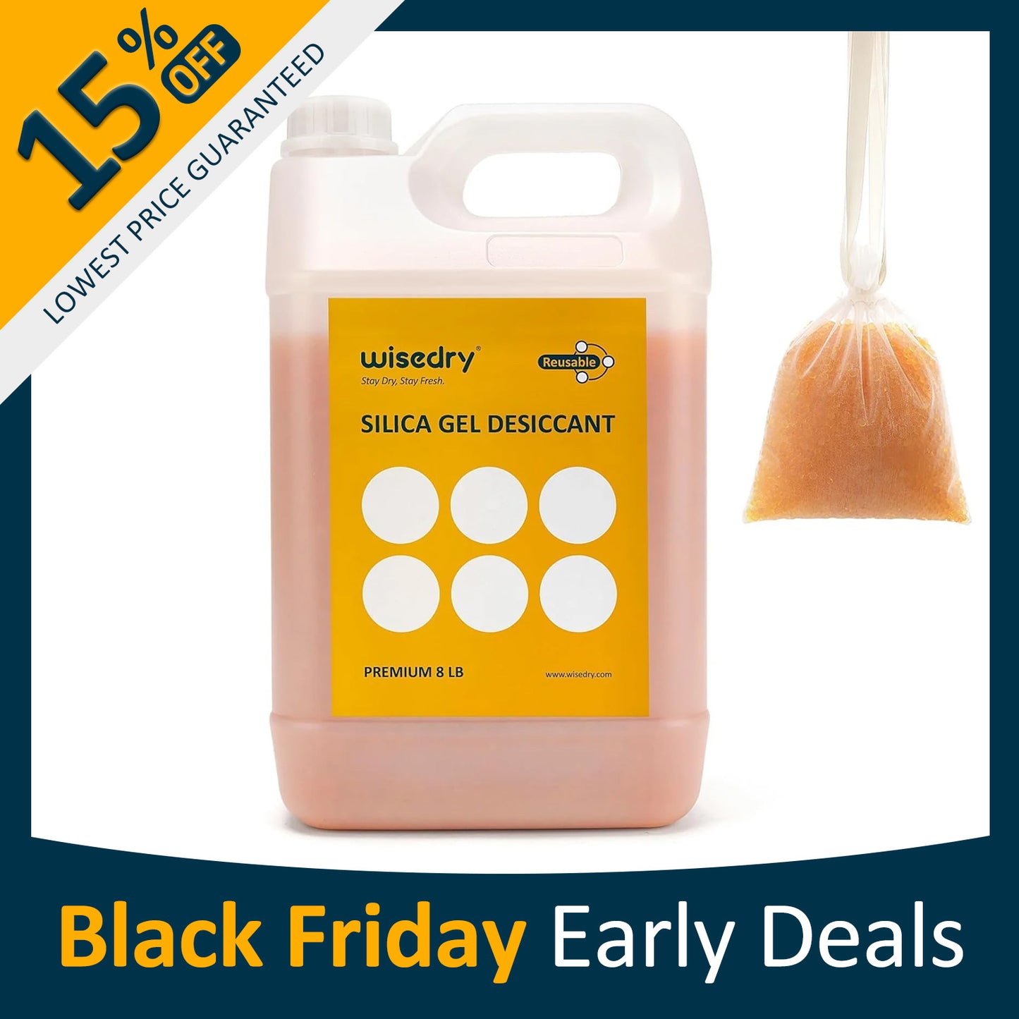 Wisedry silica gel desiccant beads with orange-to-green humidity indicator, organza bags, and resealable packaging for dehumidifying electronics, safes, ammo boxes, and more.