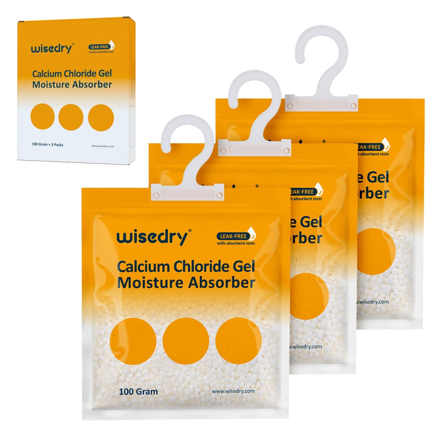 Wisedry hanging dehumidifier bag with detachable hook converting moisture into visible gel, ideal for closets, basements, and laundry rooms. Leakproof, odorless, and fragrance-free.