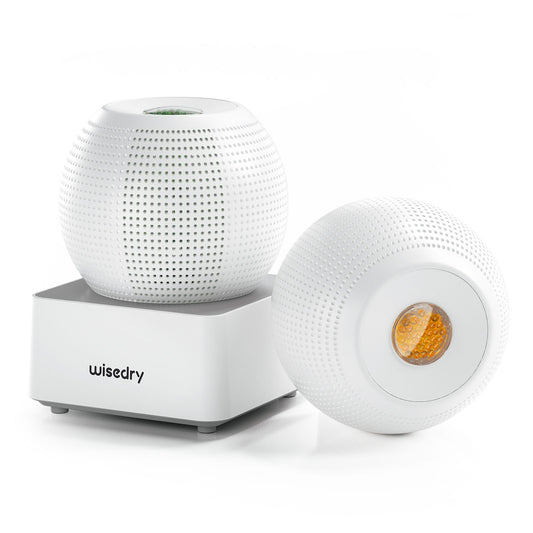 Cordless rechargeable mini dehumidifier set of 2 with moisture indicator, portable design for closets, shoes, cars, and small spaces.
