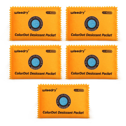 Wisedry rechargeable silica gel desiccant packs with saturation indicator dots, microwave reactivation, and airtight resealable packaging for protecting valuables from moisture.