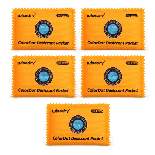 Wisedry rechargeable silica gel desiccant packs with saturation indicator dots, microwave reactivation, and airtight resealable packaging for protecting valuables from moisture.