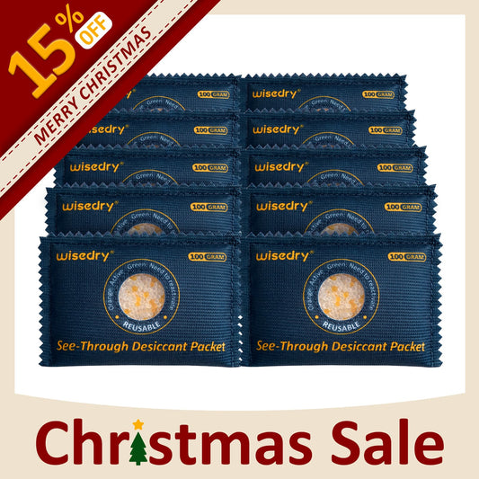 Reusable color-changing silica gel desiccant pack with see-through window for easy moisture level monitoring and safe recharging.