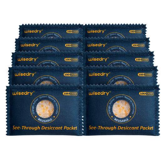 Reusable color-changing silica gel desiccant pack with see-through window for easy moisture level monitoring and safe recharging.