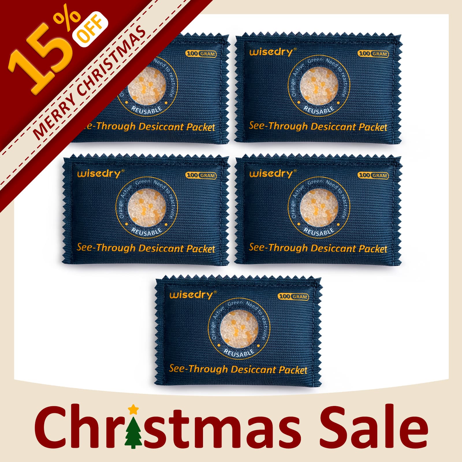 Reusable color-changing silica gel desiccant pack with see-through window for easy moisture level monitoring and safe recharging.