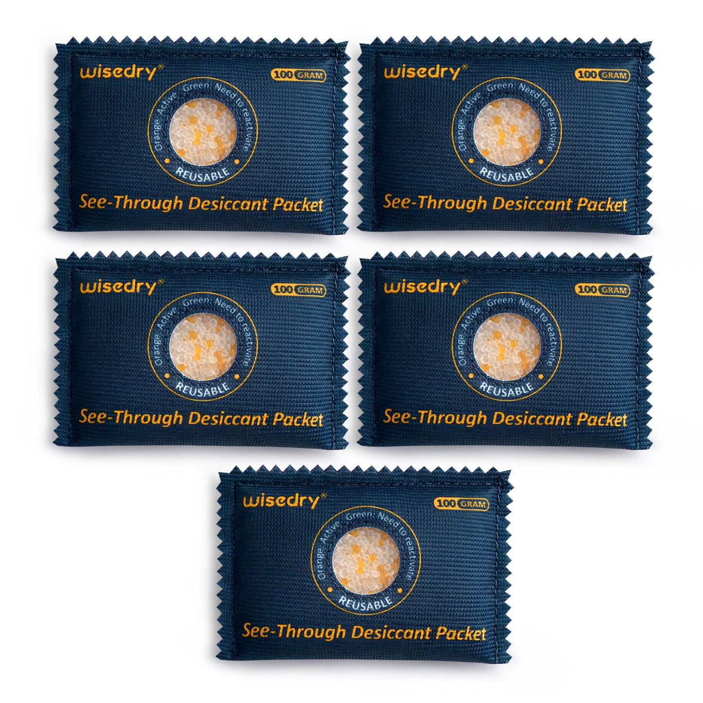 Reusable color-changing silica gel desiccant pack with see-through window for easy moisture level monitoring and safe recharging.