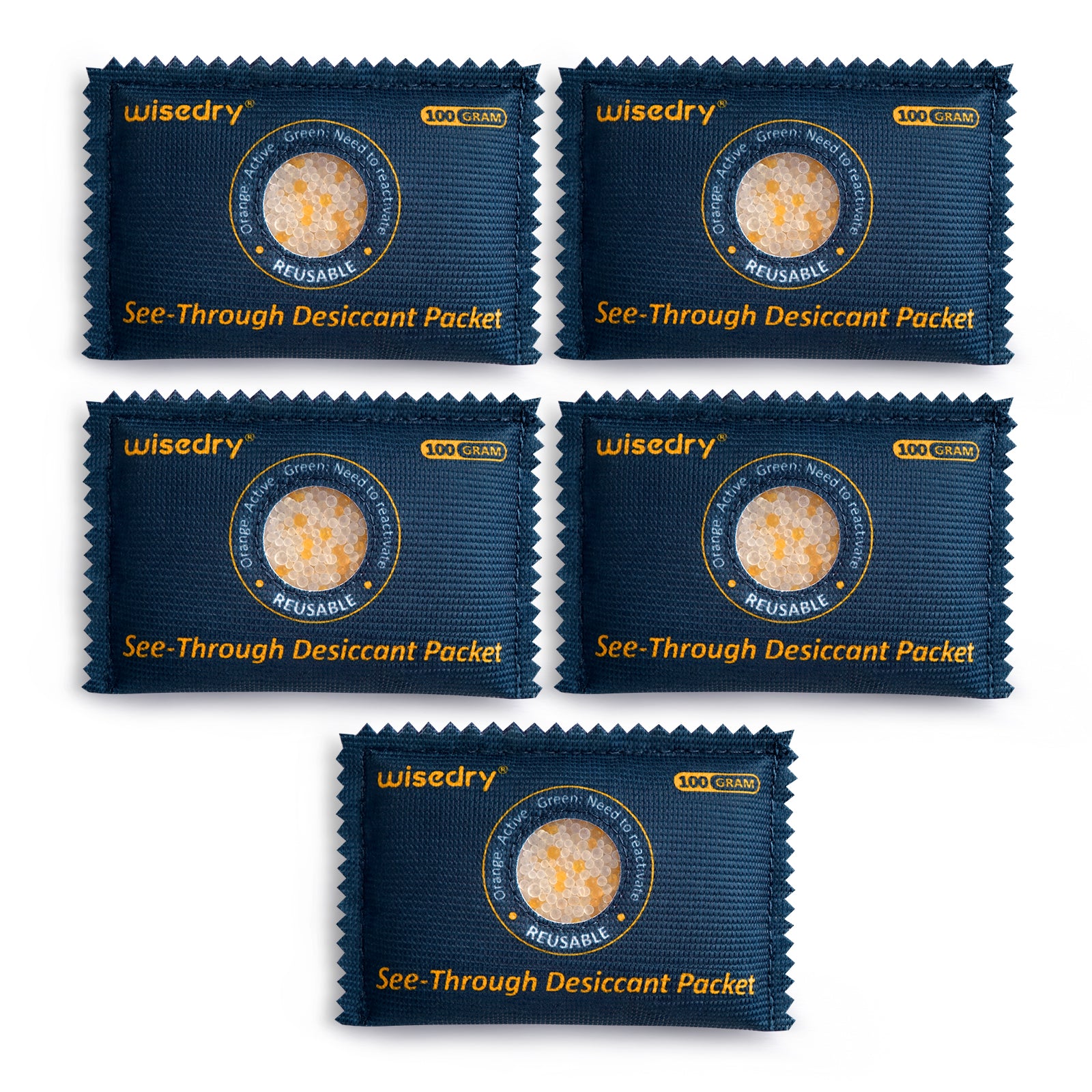 Reusable color-changing silica gel desiccant pack with see-through window for easy moisture level monitoring and safe recharging.