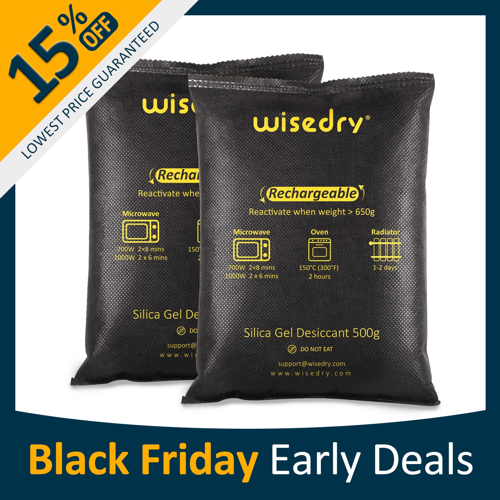 Wisedry 500g reusable silica gel car dehumidifier bag, moisture absorber for cars, garages, boats, with fast microwave recharge and double-sealed packaging.