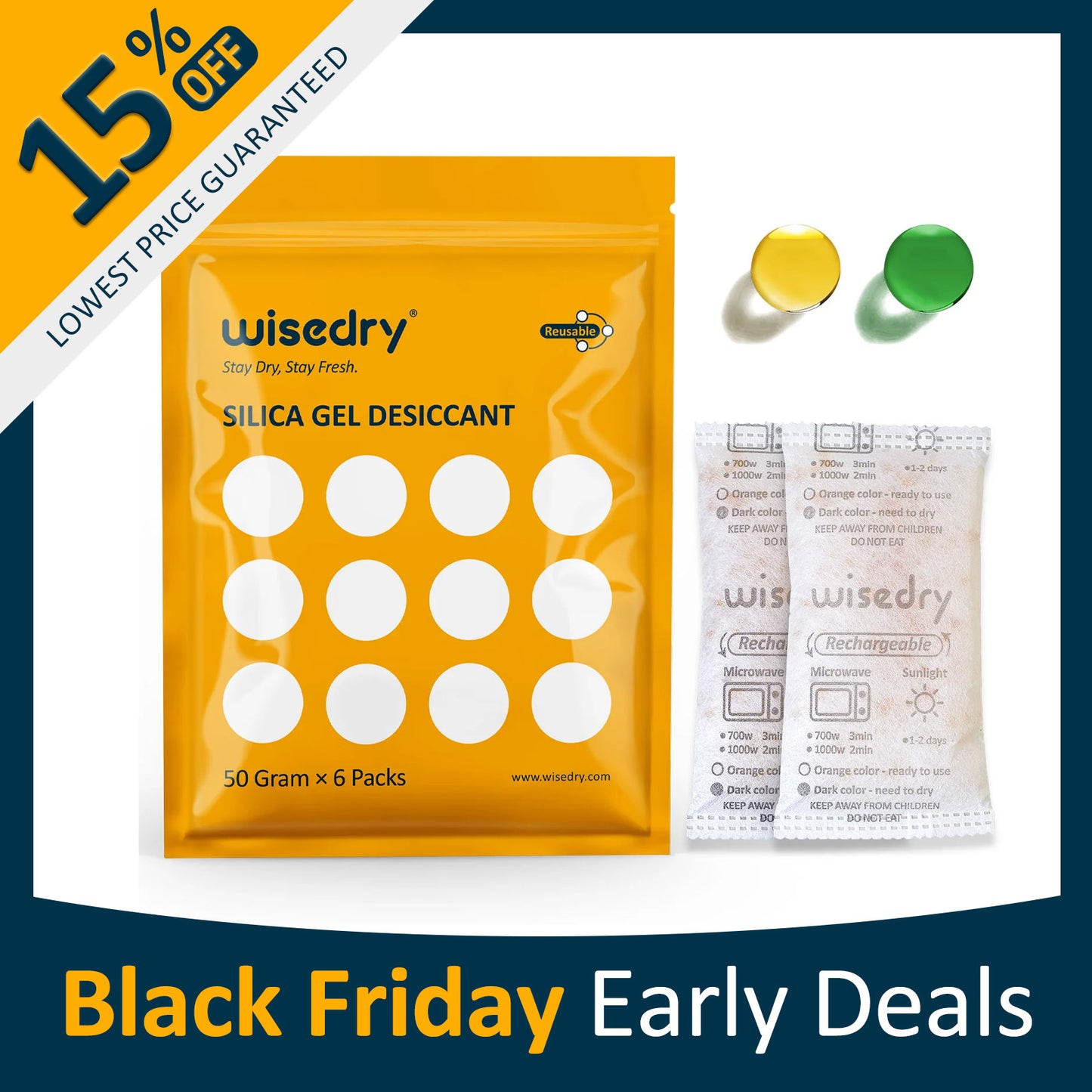 Wisedry 50g orange-indicating silica gel sachets with food-grade safety, quick microwave reactivation, and double-sealed packaging for dry storage of food, electronics, and more.