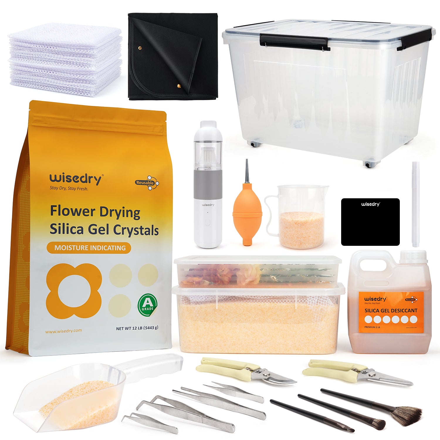 Wisedry comprehensive flower drying studio kit featuring commercial-grade tools, bulk silica gel, airtight drying containers, cleaning vacuum, spill-proof mats, and reusable tracking labels.