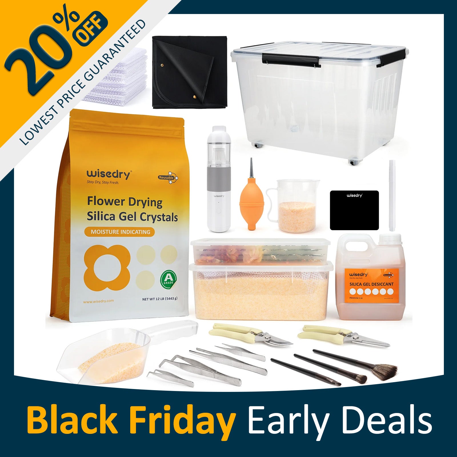 Wisedry comprehensive flower drying studio kit featuring commercial-grade tools, bulk silica gel, airtight drying containers, cleaning vacuum, spill-proof mats, and reusable tracking labels.