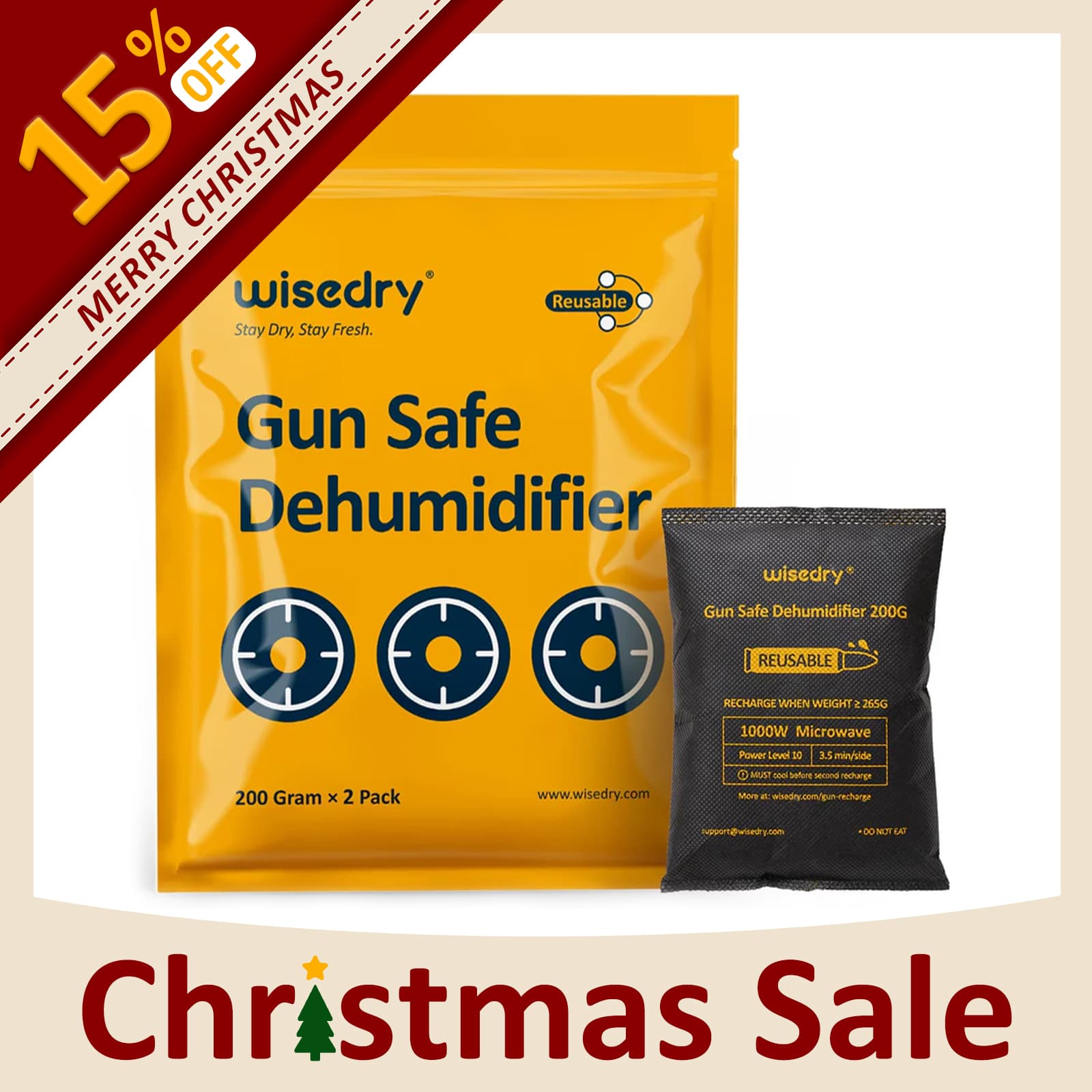 Wisedry Type-A silica gel dehumidifier for gun safes, shown in double-sealed packaging with reusable microwave-safe design for protecting firearms from moisture, rust, and damage.