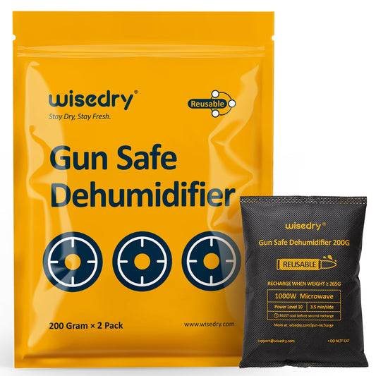 Wisedry Type-A silica gel dehumidifier for gun safes, shown in double-sealed packaging with reusable microwave-safe design for protecting firearms from moisture, rust, and damage.
