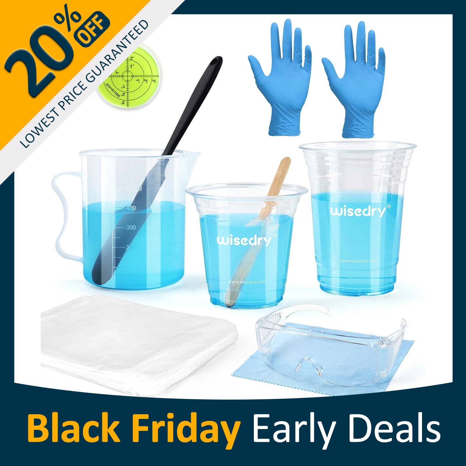 Epoxy resin crafting kit with large measuring cups, stir sticks, gloves, goggles, waterproof tablecloths, and mini level.