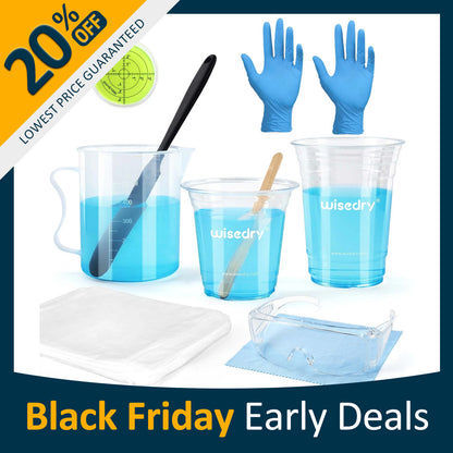 Epoxy resin crafting kit with large measuring cups, stir sticks, gloves, goggles, waterproof tablecloths, and mini level.