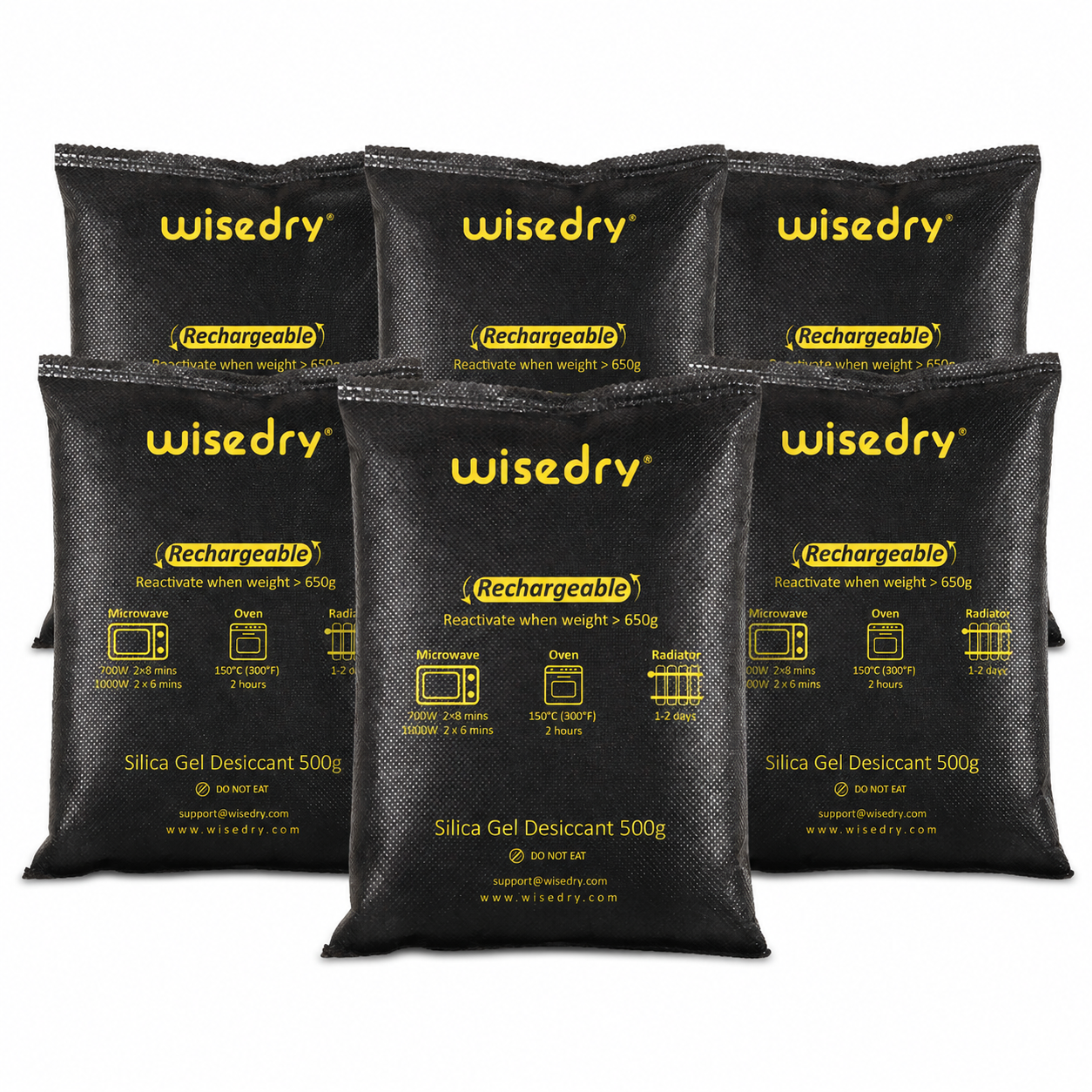 Wisedry 6 x 500g [6.6 lbs] Rechargeable Silica Gel Car Dehumidifier Bags, Bulk Value Pack Microwave Reactivated Moisture Absorbers for Car, Gun Safe, Closet, Basement, Garage, RV & Storage