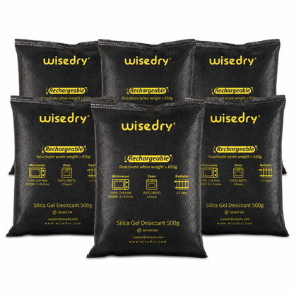 Wisedry 6 x 500g [6.6 lbs] Rechargeable Silica Gel Car Dehumidifier Bags, Bulk Value Pack Microwave Reactivated Moisture Absorbers for Car, Gun Safe, Closet, Basement, Garage, RV & Storage