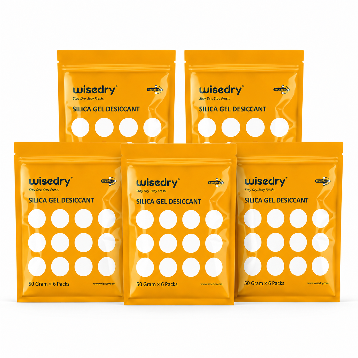 wisedry 50 Gram x 30 Packs [Bundle of 5, 1.5kg Total] Silica Gel Packets, Microwave Fast Reactivate Desiccant Packs with Indicating Beads, Reusable Silica Packets for 3D Filament, Drawers, Electronics, Valuables & Safes