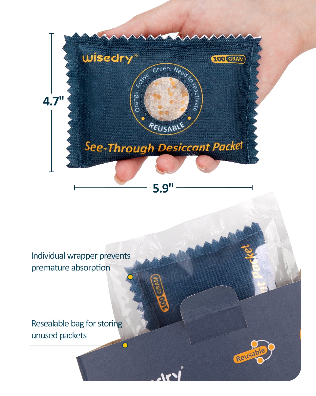 wisedry 100g [10 Packs] See-Through Desiccant Packs