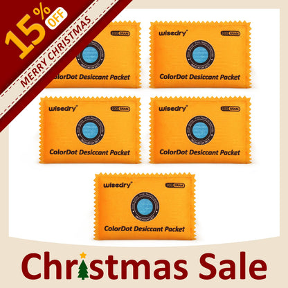 Wisedry rechargeable silica gel desiccant packs with saturation indicator dots, microwave reactivation, and airtight resealable packaging for protecting valuables from moisture.