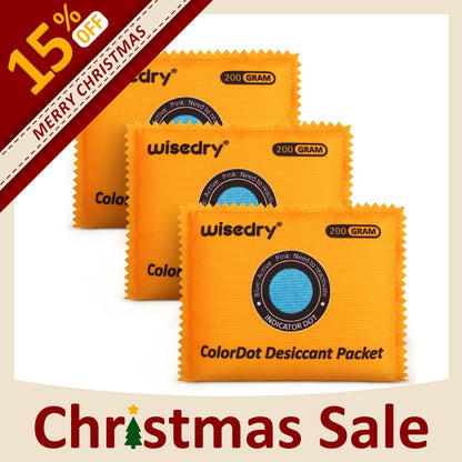 Wisedry rechargeable silica gel desiccant packs with saturation indicator dots, microwave reactivation, and airtight resealable packaging for protecting valuables from moisture.