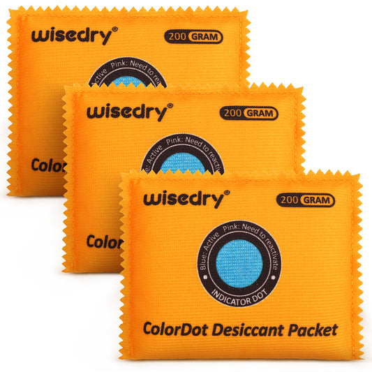 Wisedry rechargeable silica gel desiccant packs with saturation indicator dots, microwave reactivation, and airtight resealable packaging for protecting valuables from moisture.