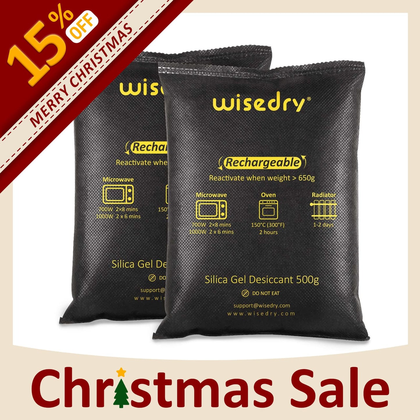 Wisedry 500g reusable silica gel car dehumidifier bag, moisture absorber for cars, garages, boats, with fast microwave recharge and double-sealed packaging.