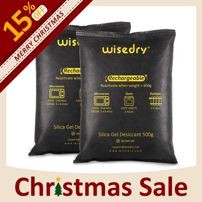 Wisedry 500g reusable silica gel car dehumidifier bag, moisture absorber for cars, garages, boats, with fast microwave recharge and double-sealed packaging.