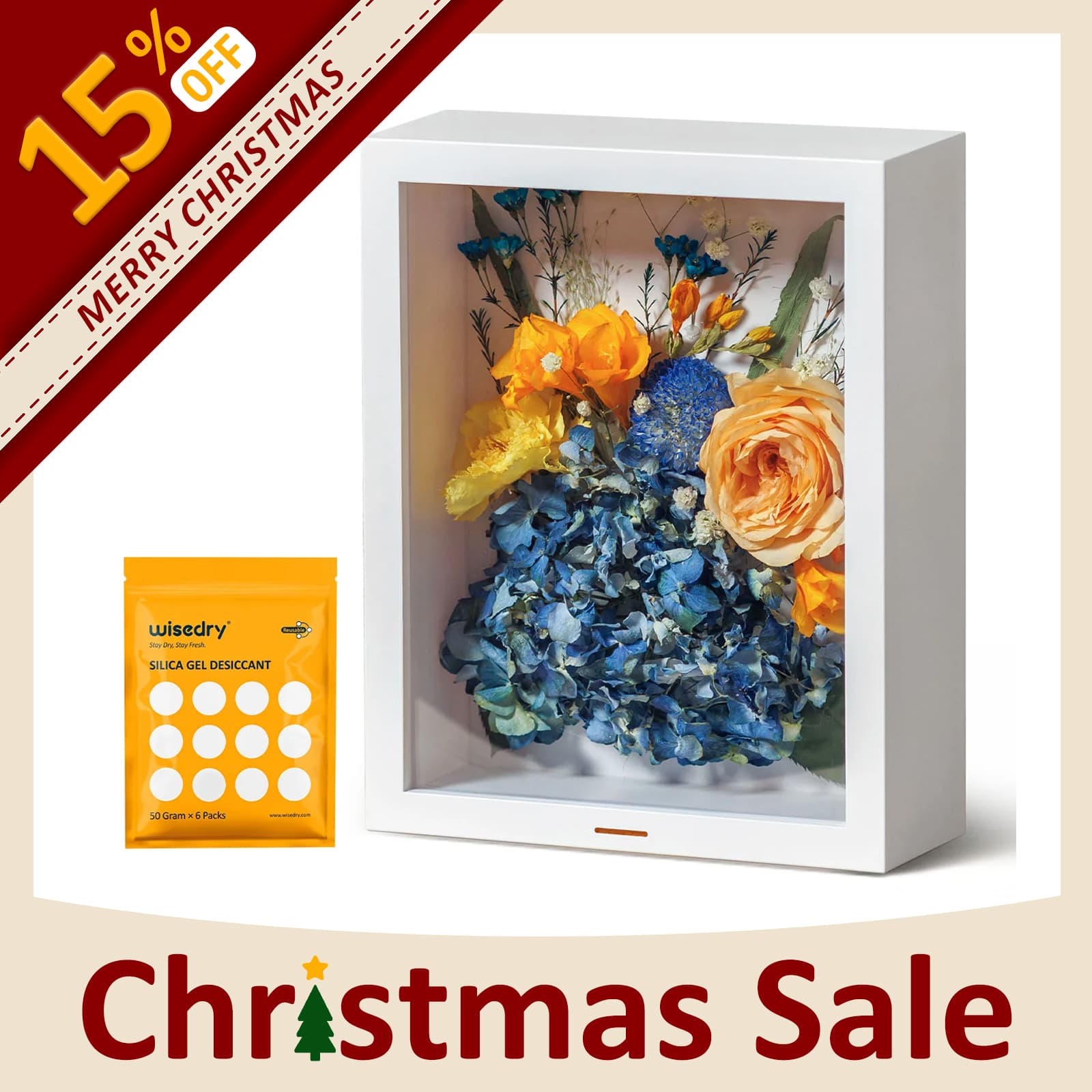A clear, airtight flower shadow box with dried roses inside, featuring a hidden desiccant compartment and a humidity indicator.