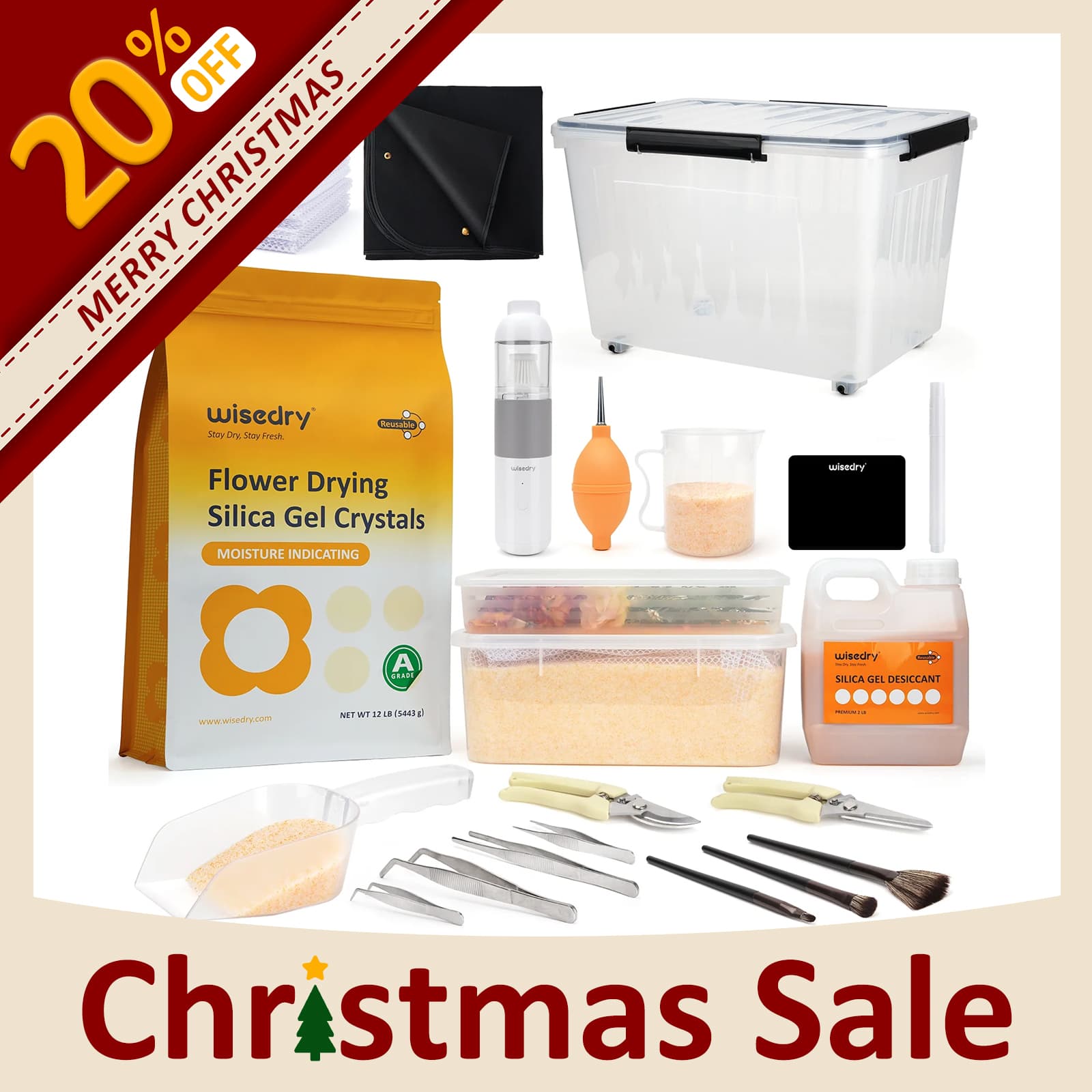 Wisedry comprehensive flower drying studio kit featuring commercial-grade tools, bulk silica gel, airtight drying containers, cleaning vacuum, spill-proof mats, and reusable tracking labels.