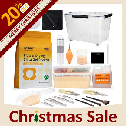 Wisedry comprehensive flower drying studio kit featuring commercial-grade tools, bulk silica gel, airtight drying containers, cleaning vacuum, spill-proof mats, and reusable tracking labels.