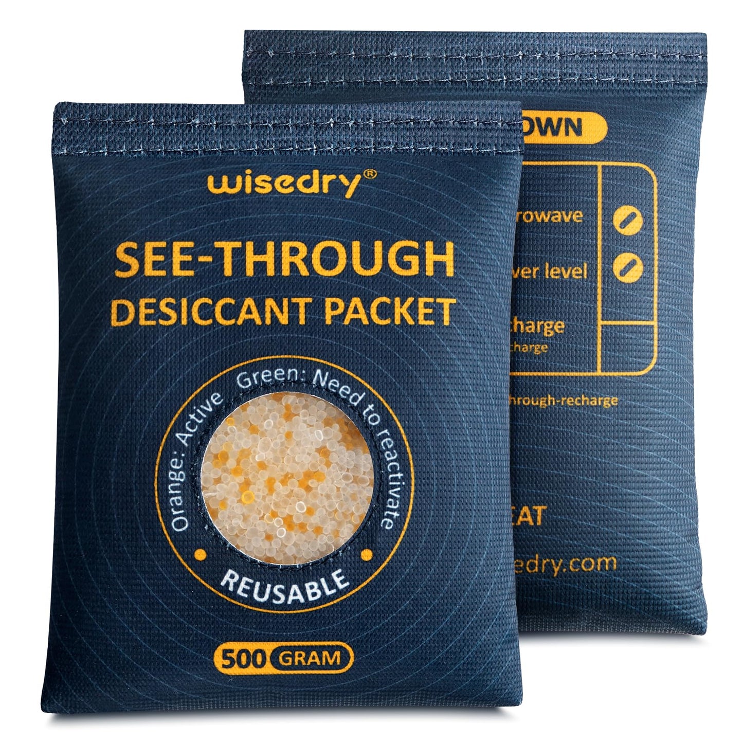 wisedry 2 x 500 Gram See-Through Silica Gel Packets, Color-Indicating Desiccant Packs for Storage, Reusable Gun Safe Dehumidifier, Rechargeable Car Dehumidifier Bag