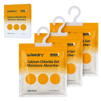 Wisedry hanging dehumidifier bag with detachable hook converting moisture into visible gel, ideal for closets, basements, and laundry rooms. Leakproof, odorless, and fragrance-free.

