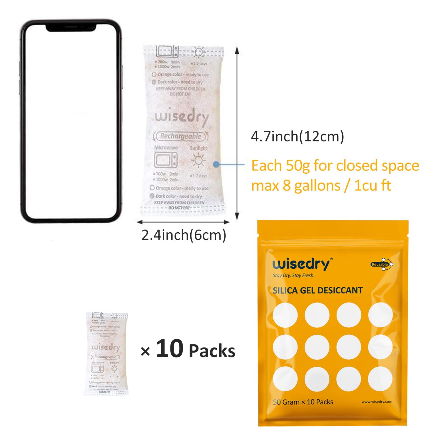 wisedry Silica Gel Sachets 50gX10 Packs