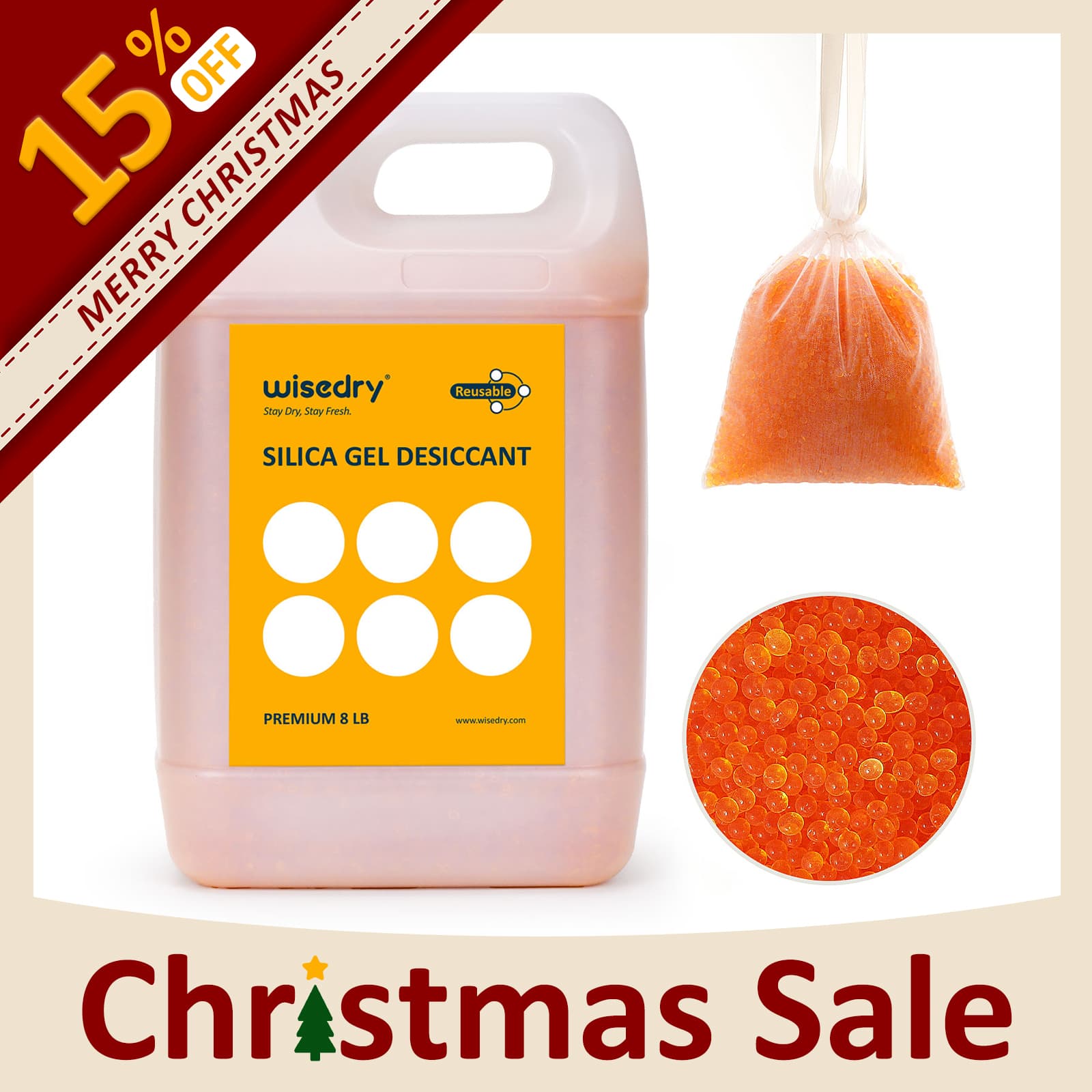 Wisedry silica gel desiccant beads with orange-to-green humidity indicator, organza bags, and resealable packaging for dehumidifying electronics, safes, ammo boxes, and more.
