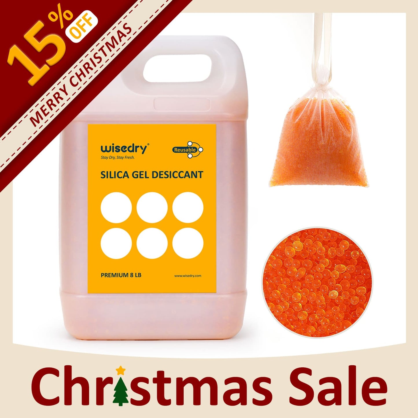 Wisedry silica gel desiccant beads with orange-to-green humidity indicator, organza bags, and resealable packaging for dehumidifying electronics, safes, ammo boxes, and more.