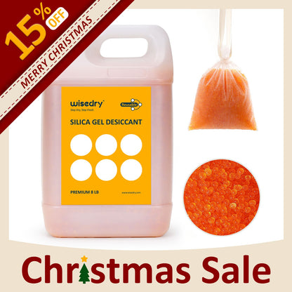 Wisedry silica gel desiccant beads with orange-to-green humidity indicator, organza bags, and resealable packaging for dehumidifying electronics, safes, ammo boxes, and more.
