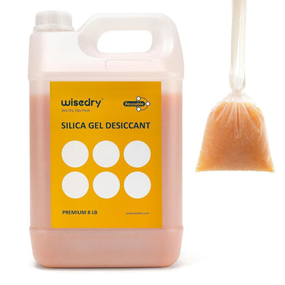 Wisedry silica gel desiccant beads with orange-to-green humidity indicator, organza bags, and resealable packaging for dehumidifying electronics, safes, ammo boxes, and more.