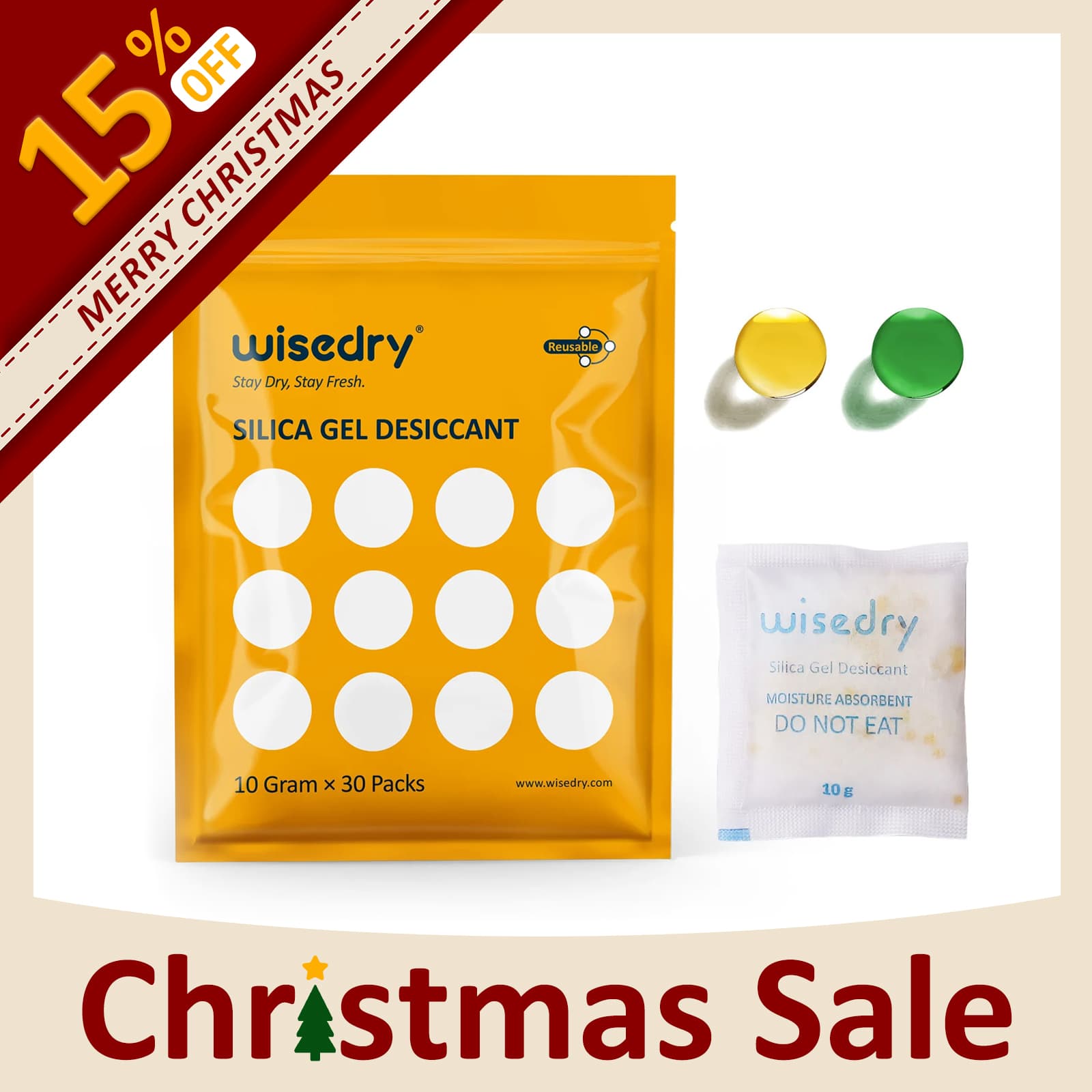 30-pack orange indicating silica gel desiccant with reusable 10g packets, food-safe and double-sealed for long-term moisture protection.