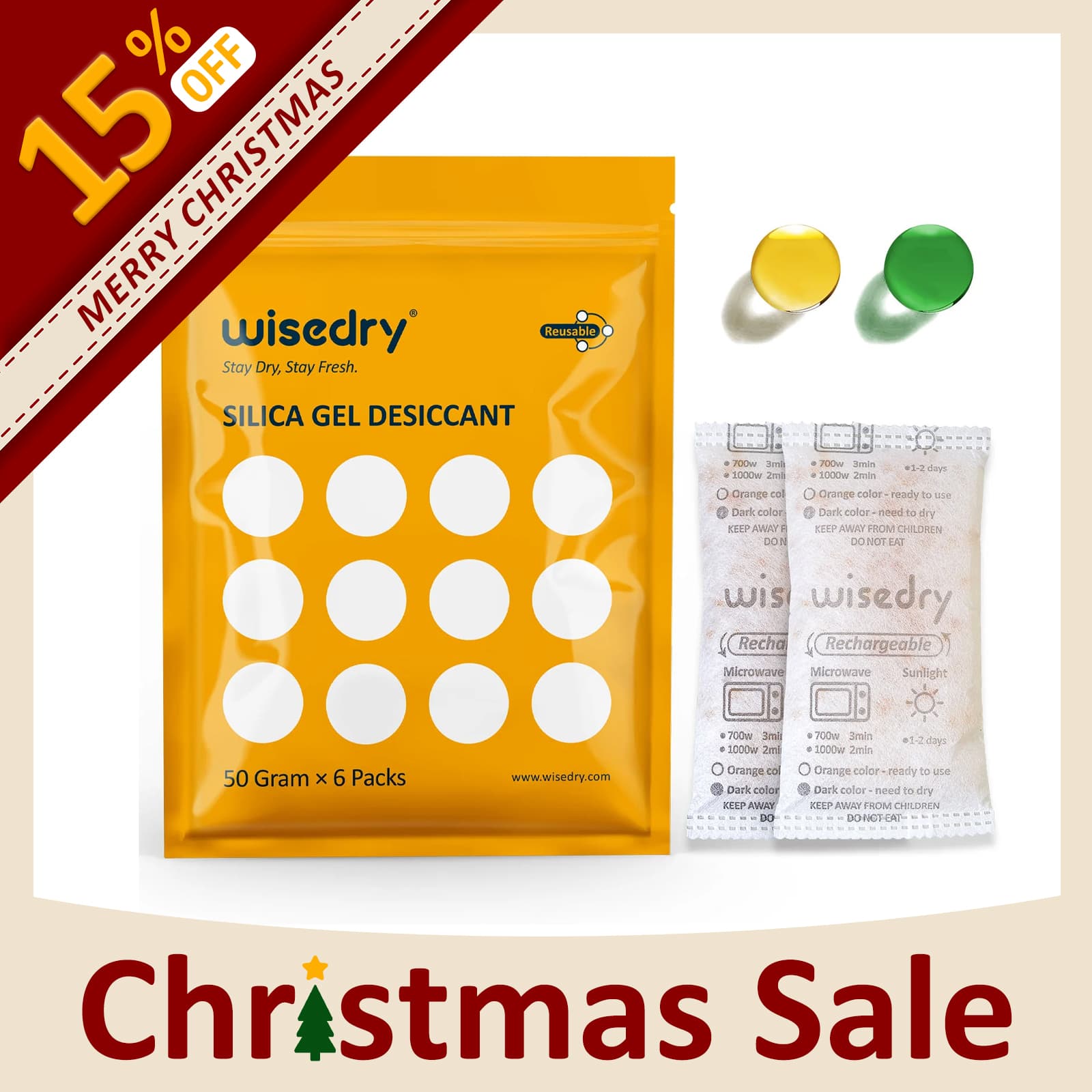 Wisedry 50g orange-indicating silica gel sachets with food-grade safety, quick microwave reactivation, and double-sealed packaging for dry storage of food, electronics, and more.