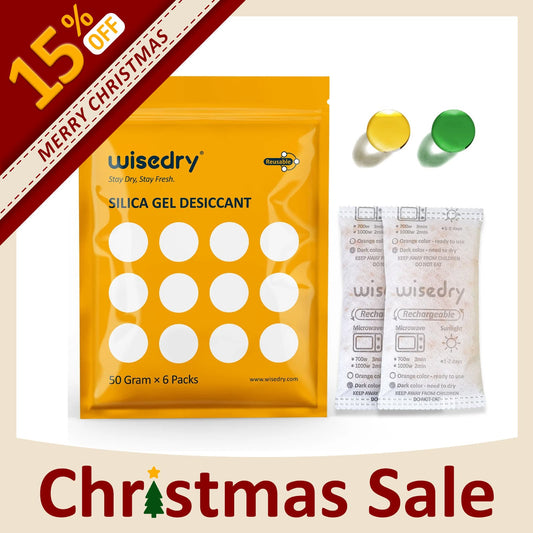 Wisedry 50g orange-indicating silica gel sachets with food-grade safety, quick microwave reactivation, and double-sealed packaging for dry storage of food, electronics, and more.
