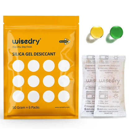 Wisedry 50g orange-indicating silica gel sachets with food-grade safety, quick microwave reactivation, and double-sealed packaging for dry storage of food, electronics, and more.